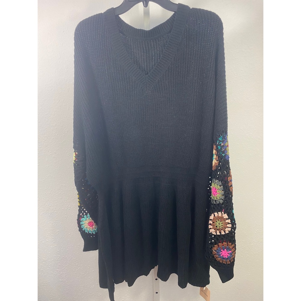 Bloomchic Black V-Neck Knit Sweater Multi-Color Crochet Granny Square Sleeves 30